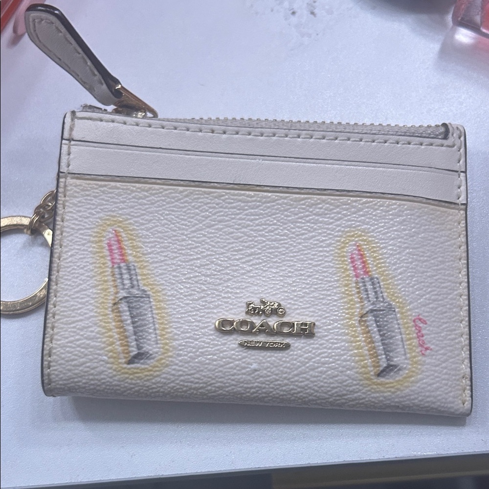 Coach Cream Card Holder with Lipstick Motif